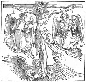 Durer - Christ on the Cross with Three Angels. 1523-1525. Woodcut. 39 x 28 cm. Graphische Sammlung Albertina, Vienna, Austria.jpg