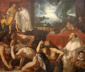 San Pedro Nolasco despidiéndose de Jaime el Conquistador-Alonso Vázquez, 1601-Conv Merced Calzada, Sevilla.jpg