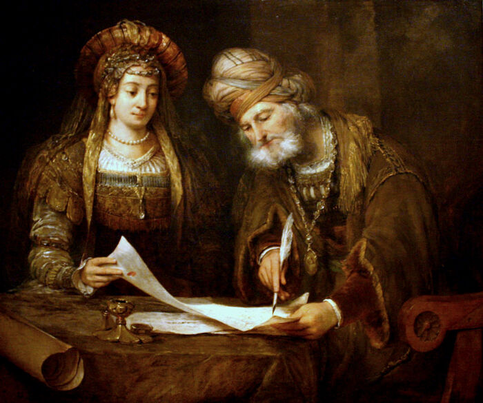 Aert de Gelder - Esther y Mardoqueo escribiendo la primera carta del Purim.jpg