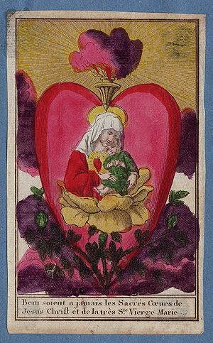 Blessed forever be the Sacred Heart of Jesus Christ and of the Mos Holy Virgin Mary 17th cent. colored engraving.jpg