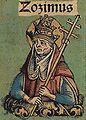 Pope Zosimus portrait – Nuremberg chronicles (f 133v 1).jpg